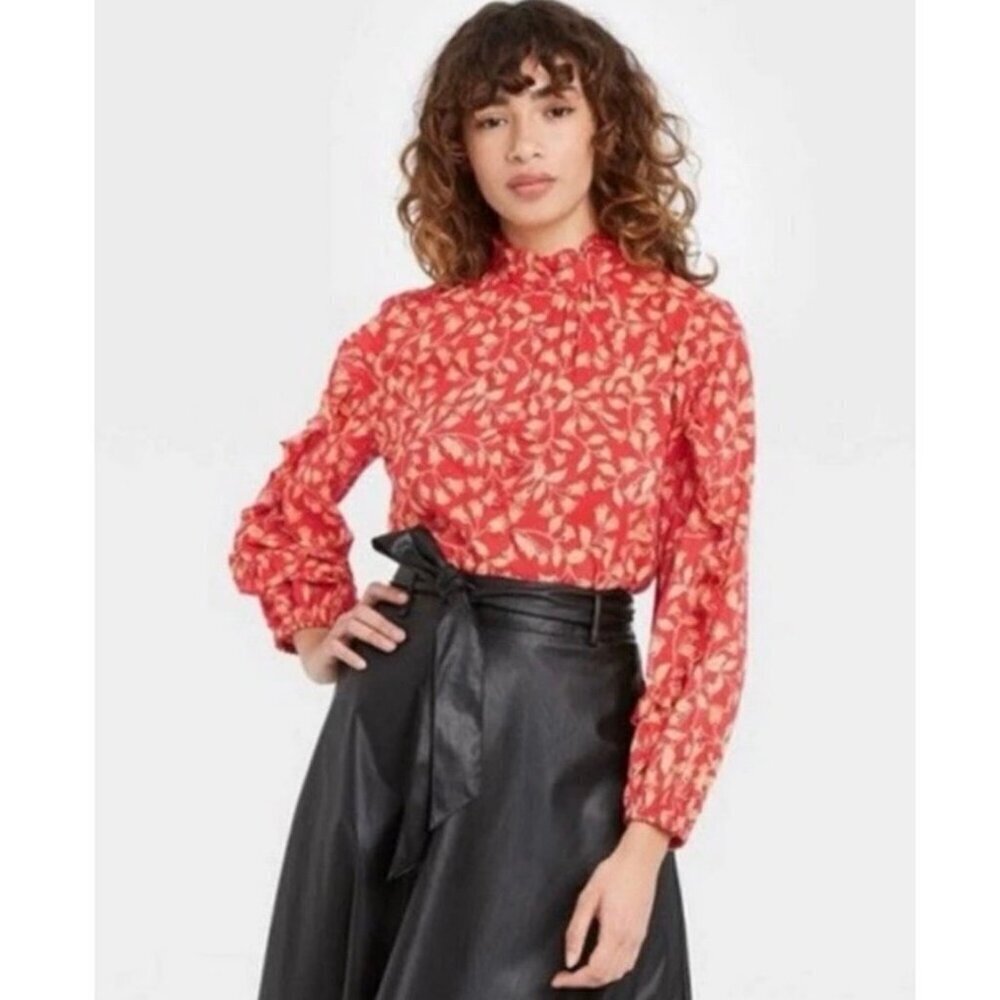 Who What Wear Red Floral High Neck Blouse Ruffle Trim Women’s Size Medium EUC